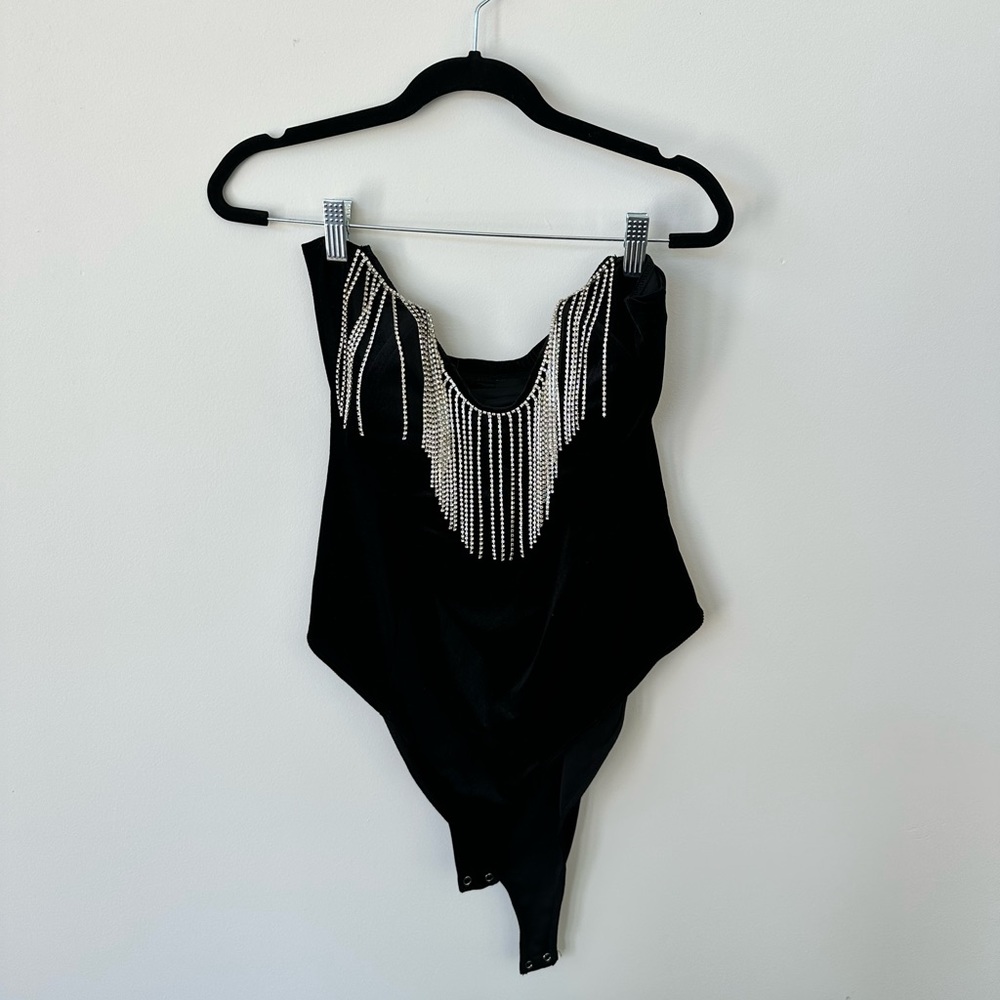 Velvet rhinestone strapless bodysuit